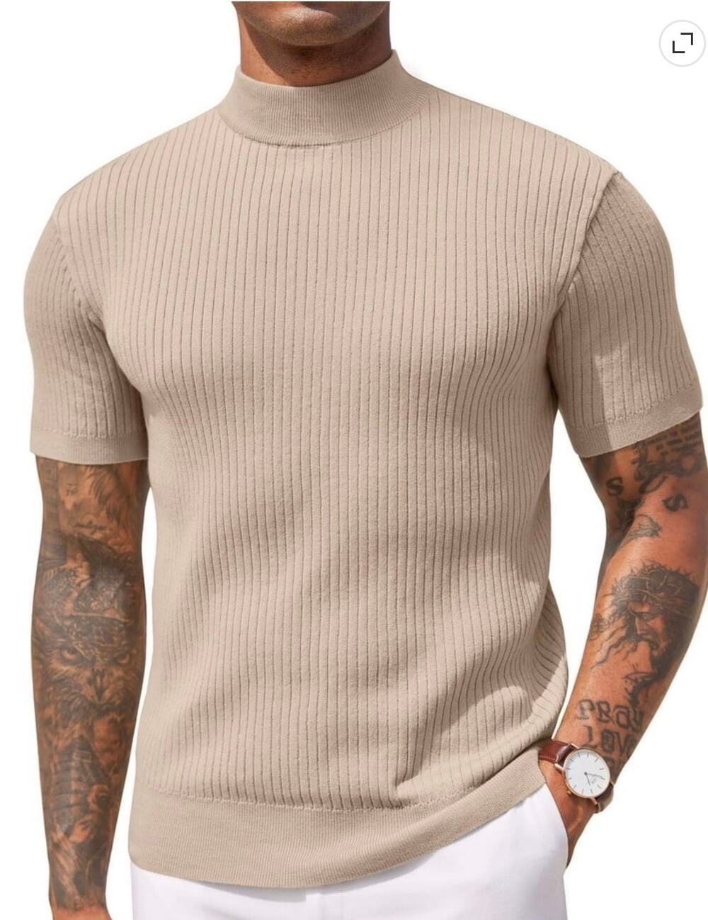 Coofandy Men Short Sleeve Mock Turtleneck Sweater Knit Pullover Size M Beige